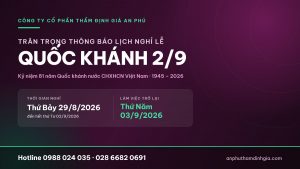 An Phú thông báo lịch nghỉ lễ Quốc khánh 2/9/2026: nghỉ từ thứ Bảy 29/8/2026 đến hết thứ Tư 02/9/2026, làm việc trở lại thứ Năm 03/9/2026
